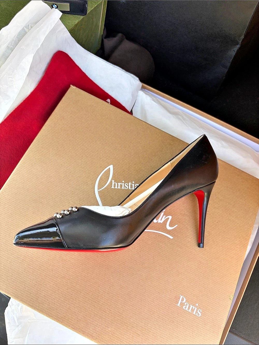 Christian Louboutin Turela 85 Calf Pointed Toe Heels in Black & Red EU 39 NWT